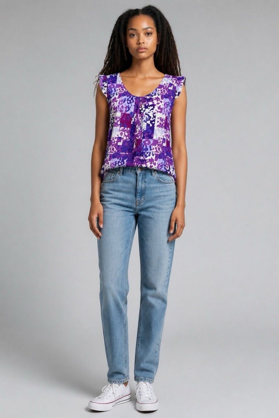 New York & Company Womrns Sleeves Purple Top Size S Patchwork Animal Geometric